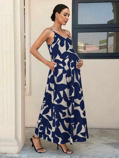 Black and White Geometric Print Maternity Cami Dress - V-Neck Spaghetti Strap Sleeveless Flared Beach Maxi Dress for Pregnancy