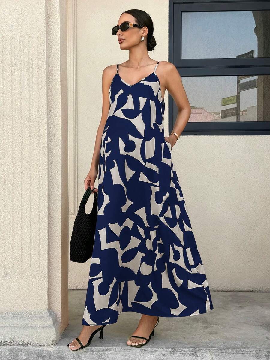 Black and White Geometric Print Maternity Cami Dress - V-Neck Spaghetti Strap Sleeveless Flared Beach Maxi Dress for Pregnancy