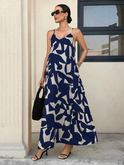 Black and White Geometric Print Maternity Cami Dress - V-Neck Spaghetti Strap Sleeveless Flared Beach Maxi Dress for Pregnancy