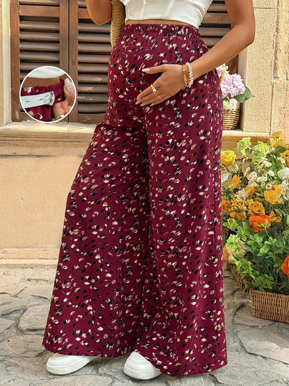 Burgundy Boho Allover Print Maternity Palazzo Pants - Adjustable Ultra High Waist Wide Leg Trousers - Loose Fit Long Woven Vacation Pants