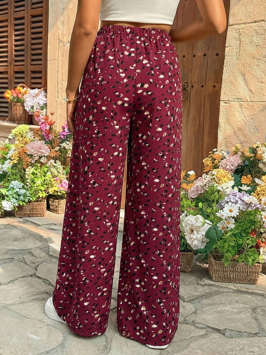 Burgundy Boho Allover Print Maternity Palazzo Pants - Adjustable Ultra High Waist Wide Leg Trousers - Loose Fit Long Woven Vacation Pants