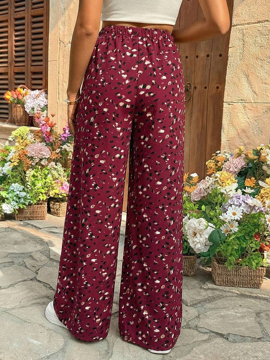 Burgundy Boho Allover Print Maternity Palazzo Pants - Adjustable Ultra High Waist Wide Leg Trousers - Loose Fit Long Woven Vacation Pants