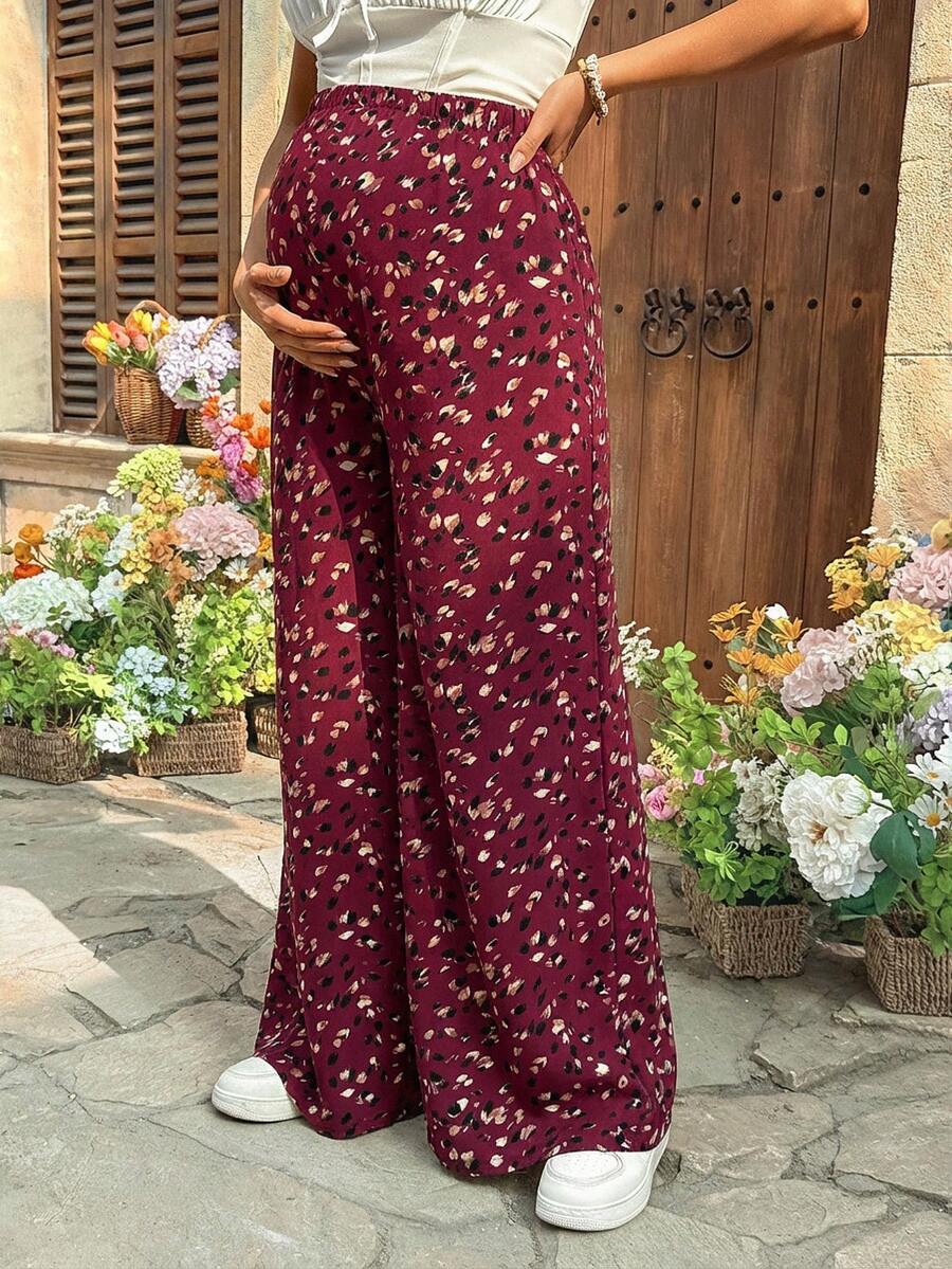 Leopard Print Wide Leg Maternity Pants Ultra High Waist Loose Fit Apricot Boho Flowy Long Trousers for Pregnancy Casual Vacation