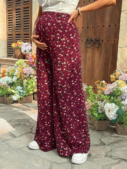 Leopard Print Wide Leg Maternity Pants Ultra High Waist Loose Fit Apricot Boho Flowy Long Trousers for Pregnancy Casual Vacation