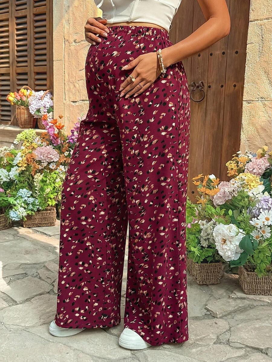 Burgundy Boho Allover Print Maternity Palazzo Pants - Adjustable Ultra High Waist Wide Leg Trousers - Loose Fit Long Woven Vacation Pants