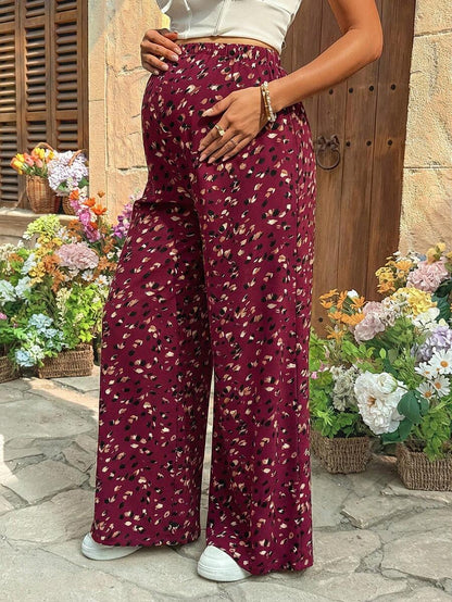 Burgundy Boho Allover Print Maternity Palazzo Pants - Adjustable Ultra High Waist Wide Leg Trousers - Loose Fit Long Woven Vacation Pants