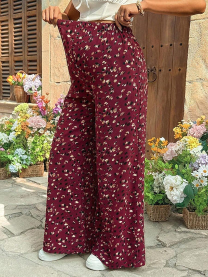 Leopard Print Wide Leg Maternity Pants Ultra High Waist Loose Fit Apricot Boho Flowy Long Trousers for Pregnancy Casual Vacation