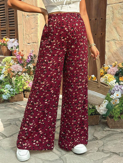Leopard Print Wide Leg Maternity Pants Ultra High Waist Loose Fit Apricot Boho Flowy Long Trousers for Pregnancy Casual Vacation