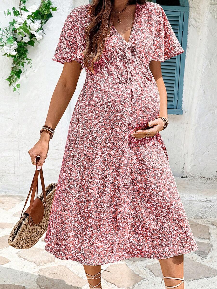Maternity Floral A-Line Midi Dress - V Neck, Short Sleeve, Padded, Regular Fit, Blue