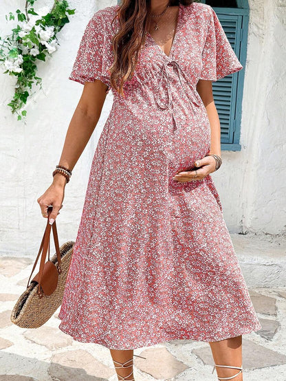 Maternity Floral A-Line Midi Dress - V Neck, Short Sleeve, Padded, Regular Fit, Blue