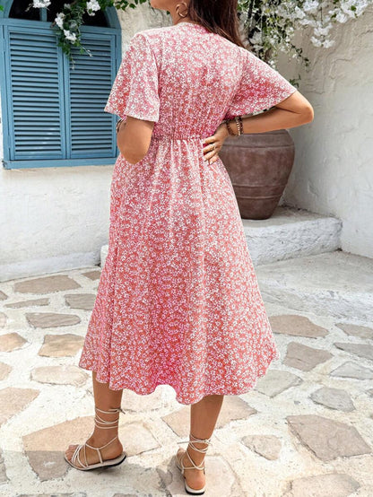 Maternity Floral A-Line Midi Dress - V Neck, Short Sleeve, Padded, Regular Fit, Blue