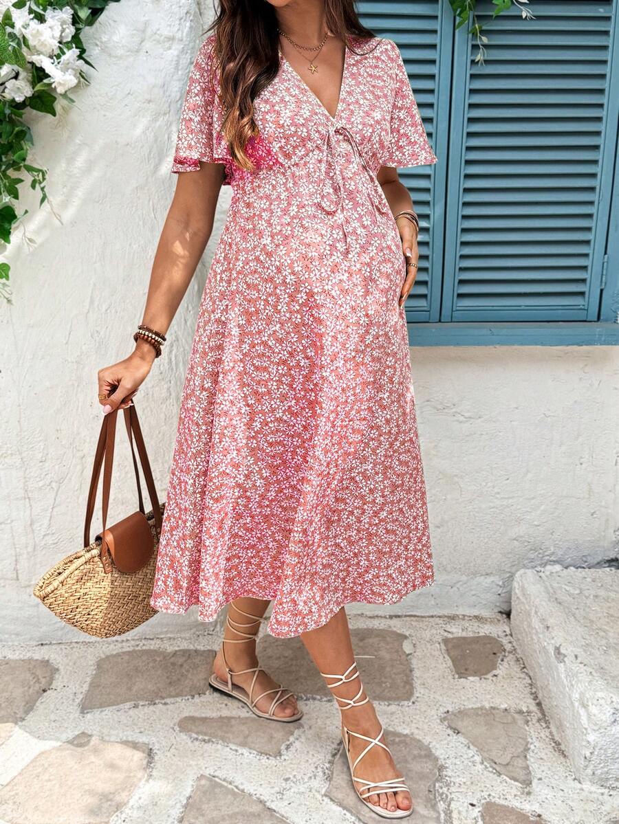 Maternity Floral A-Line Midi Dress - V Neck, Short Sleeve, Padded, Regular Fit, Blue