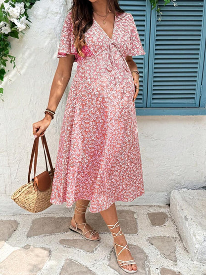 Maternity Floral A-Line Midi Dress - V Neck, Short Sleeve, Padded, Regular Fit, Blue