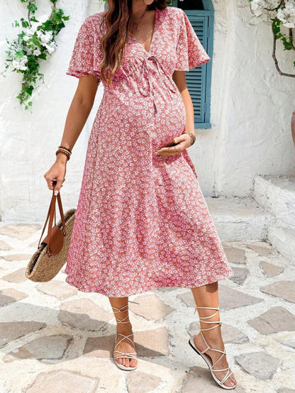 Maternity Floral A-Line Midi Dress - V Neck, Short Sleeve, Padded, Regular Fit, Blue