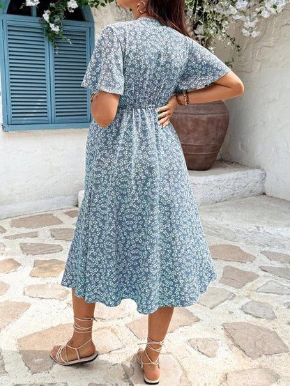 Maternity Floral A-Line Midi Dress - V Neck, Short Sleeve, Padded, Regular Fit, Blue