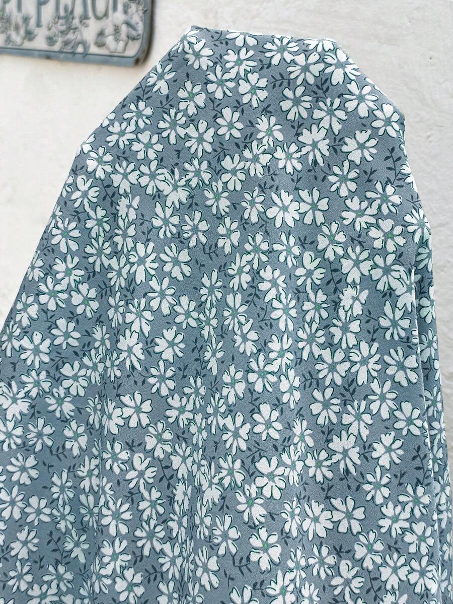 Maternity Floral A-Line Midi Dress - V Neck, Short Sleeve, Padded, Regular Fit, Blue