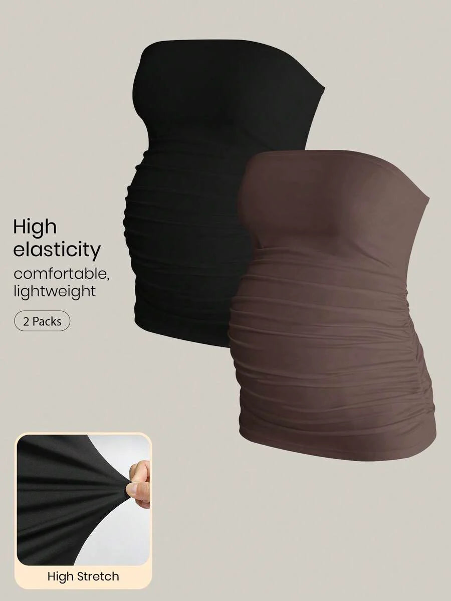 Maternity Strapless Tube Top Set - Ruched, Slim Fit, Beach Casual, Black, 2-Piece
