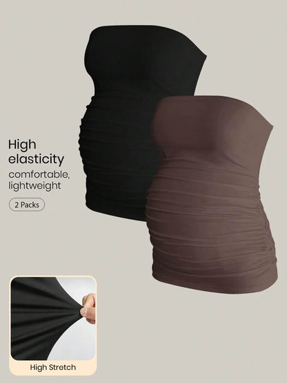 Maternity Strapless Tube Top Set - Ruched, Slim Fit, Beach Casual, Black, 2-Piece