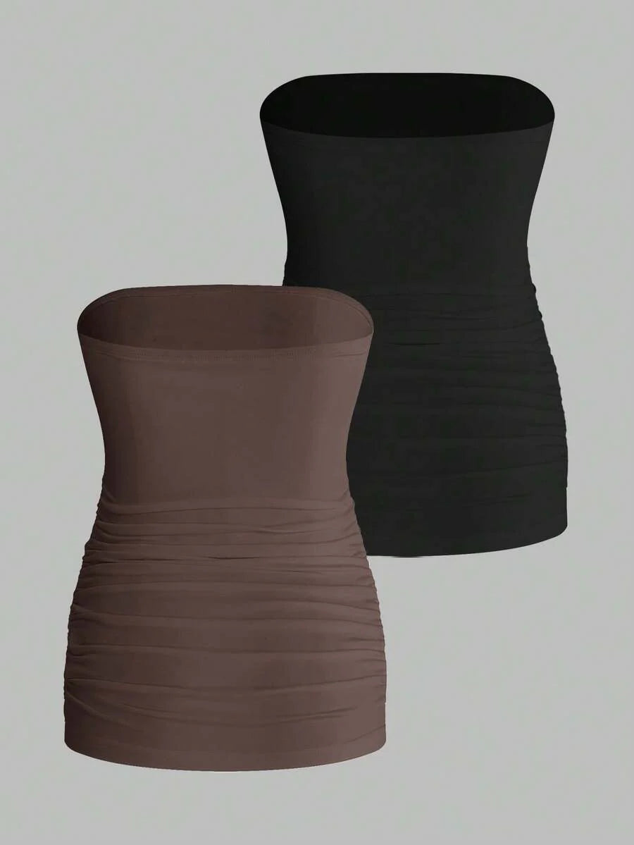 Maternity Strapless Tube Top Set - Ruched, Slim Fit, Beach Casual, Black, 2-Piece