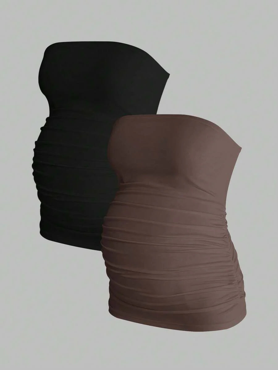 Maternity Strapless Tube Top Set - Ruched, Slim Fit, Beach Casual, Black, 2-Piece