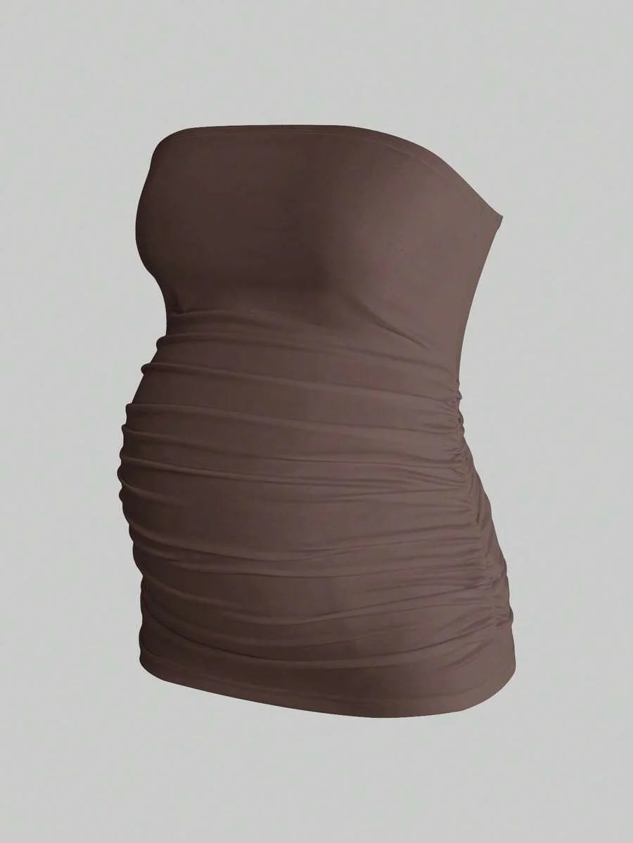 Maternity Strapless Tube Top Set - Ruched, Slim Fit, Beach Casual, Black, 2-Piece