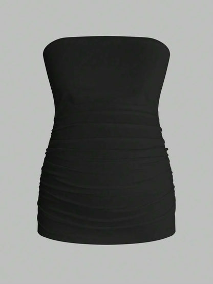 Maternity Strapless Tube Top Set - Ruched, Slim Fit, Beach Casual, Black, 2-Piece