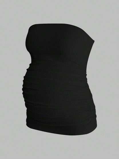 Maternity Strapless Tube Top Set - Ruched, Slim Fit, Beach Casual, Black, 2-Piece