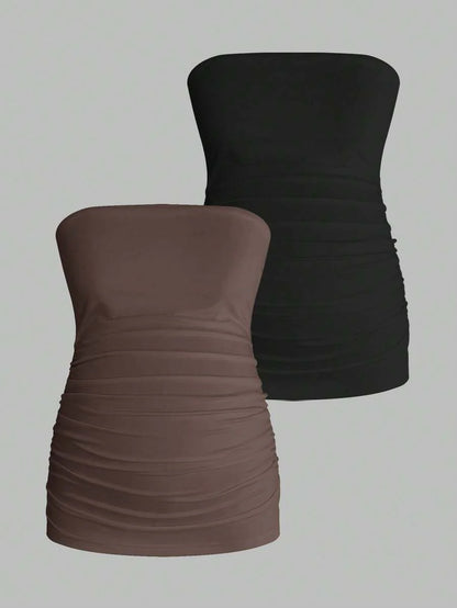 Maternity Strapless Tube Top Set - Ruched, Slim Fit, Beach Casual, Black, 2-Piece
