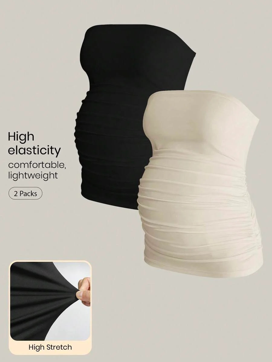 Maternity Strapless Tube Top - Black & White Pleated Casual Daily Wear