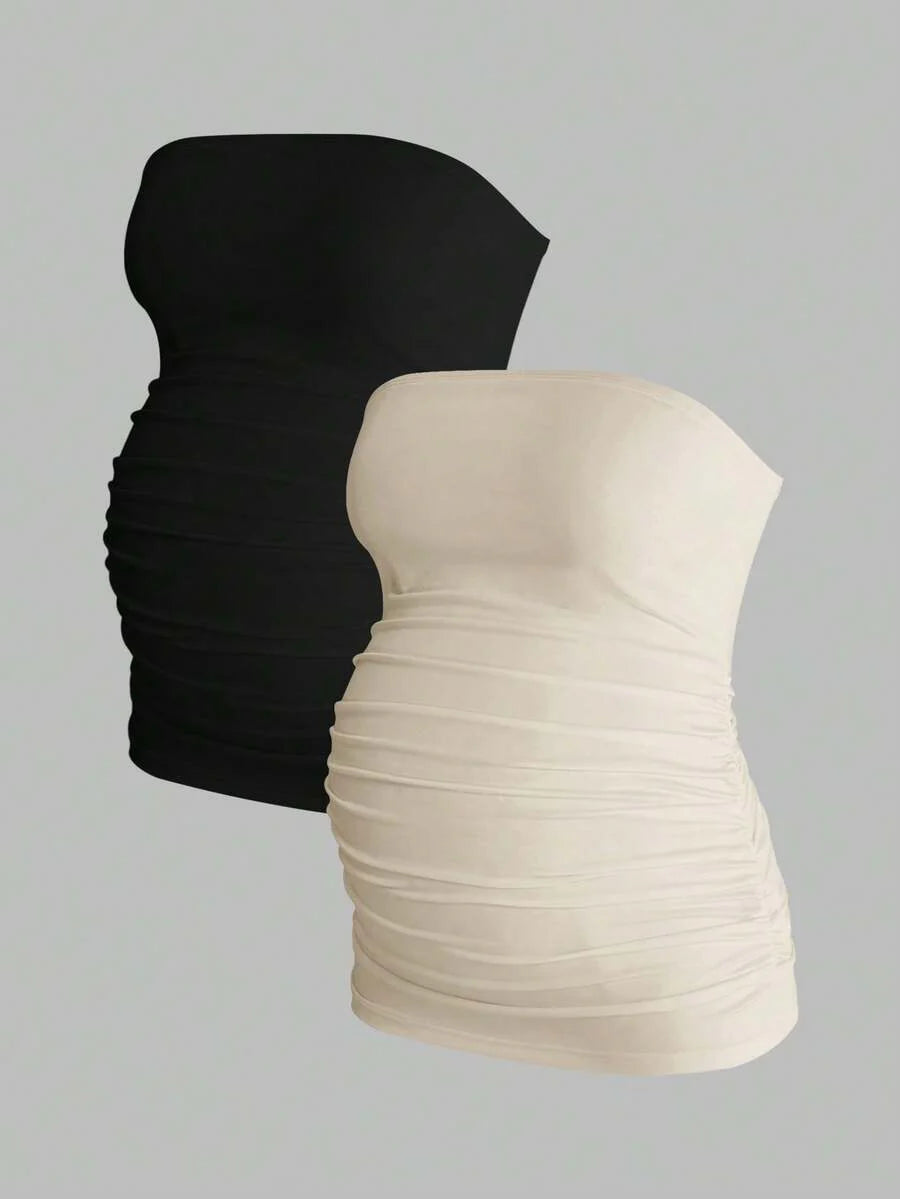 Maternity Strapless Tube Top - Black & White Pleated Casual Daily Wear