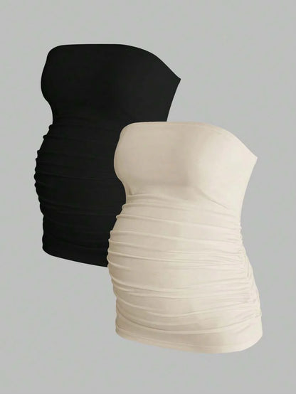 Maternity Strapless Tube Top - Black & White Pleated Casual Daily Wear