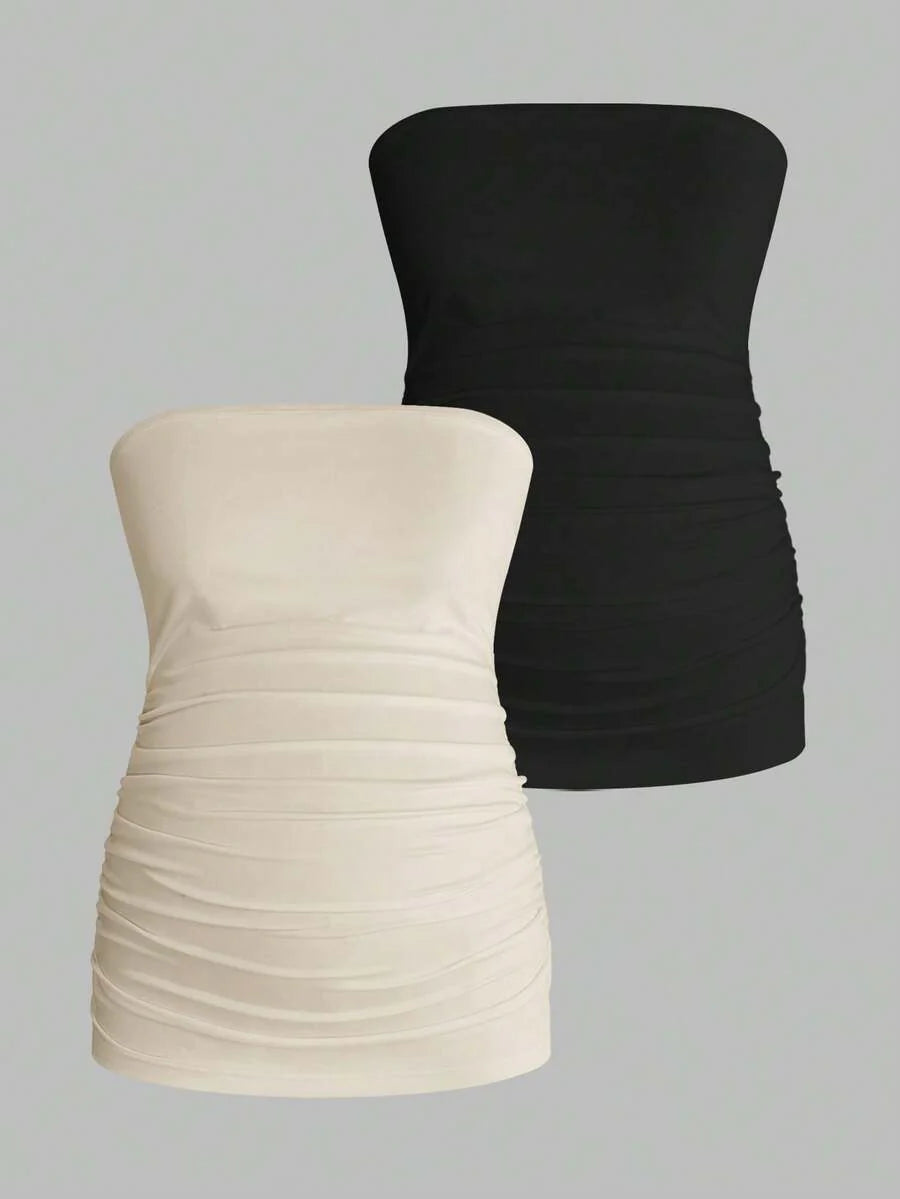 Maternity Strapless Tube Top - Black & White Pleated Casual Daily Wear
