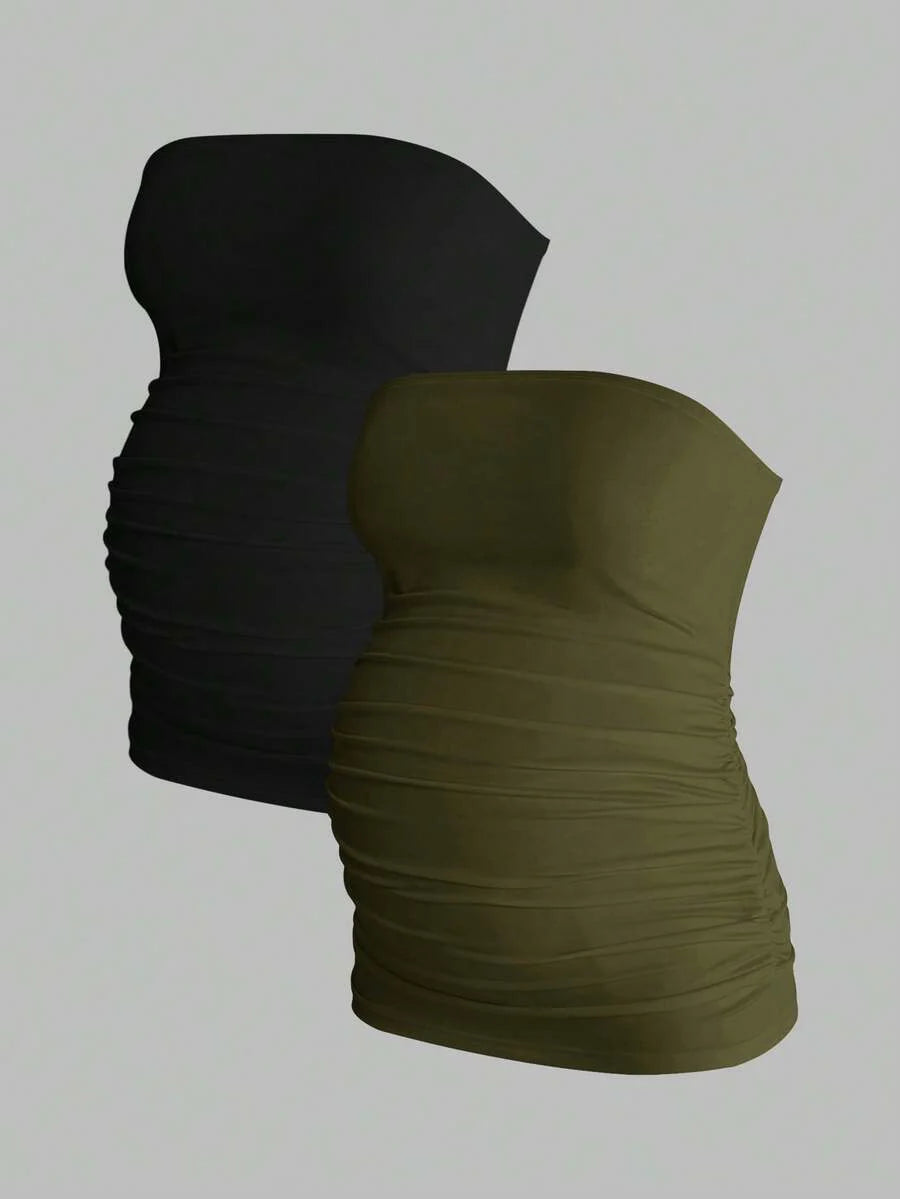 Maternity Strapless Tube Top Set - Ruched, Slim Fit, Beach Casual, Black, 2-Piece