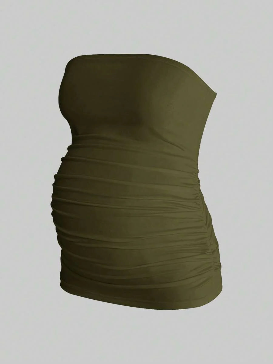 Maternity Strapless Tube Top Set - Ruched, Slim Fit, Beach Casual, Black, 2-Piece