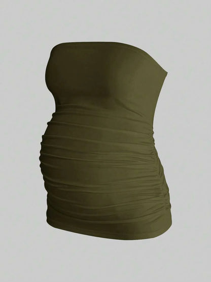 Maternity Strapless Tube Top - Black & White Pleated Casual Daily Wear