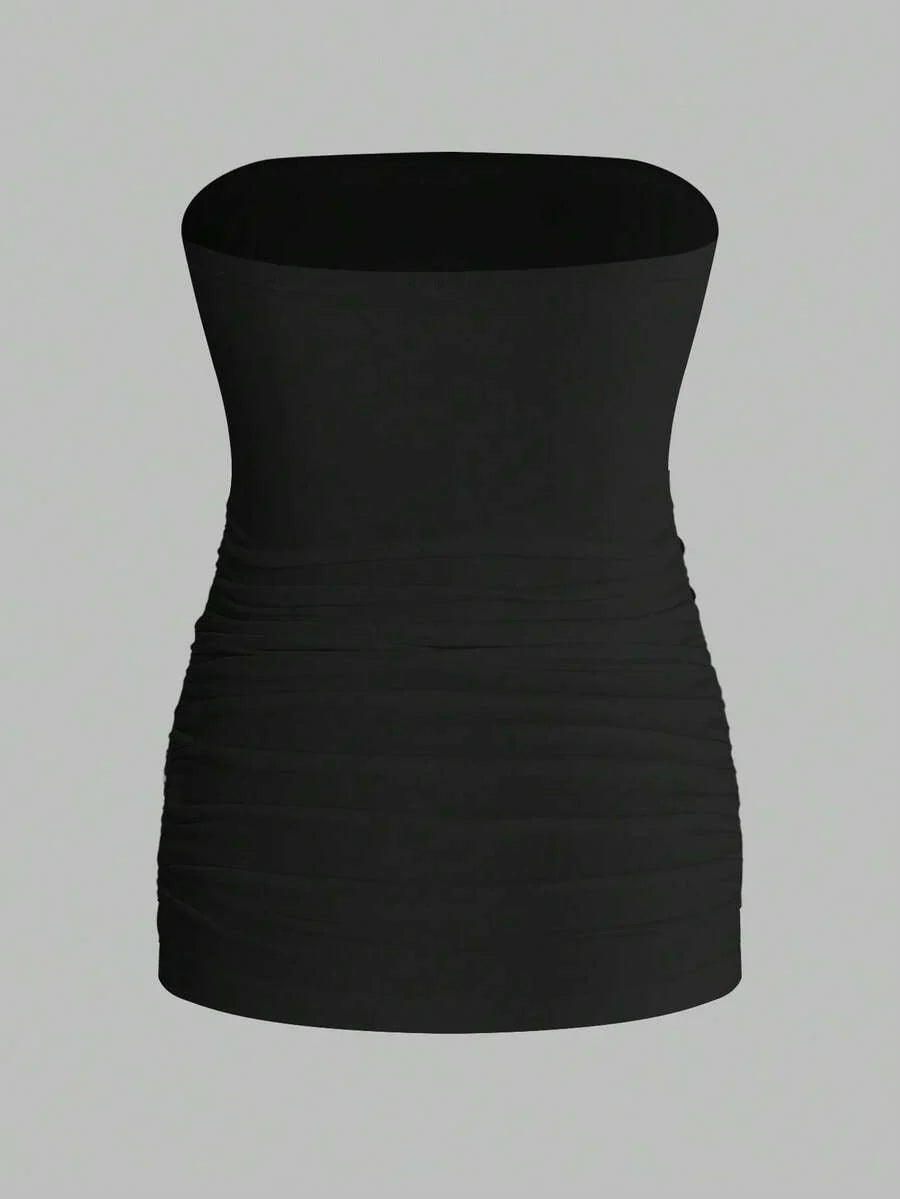 Maternity Strapless Tube Top Set - Ruched, Slim Fit, Beach Casual, Black, 2-Piece