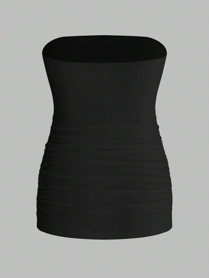 Maternity Strapless Tube Top Set - Ruched, Slim Fit, Beach Casual, Black, 2-Piece