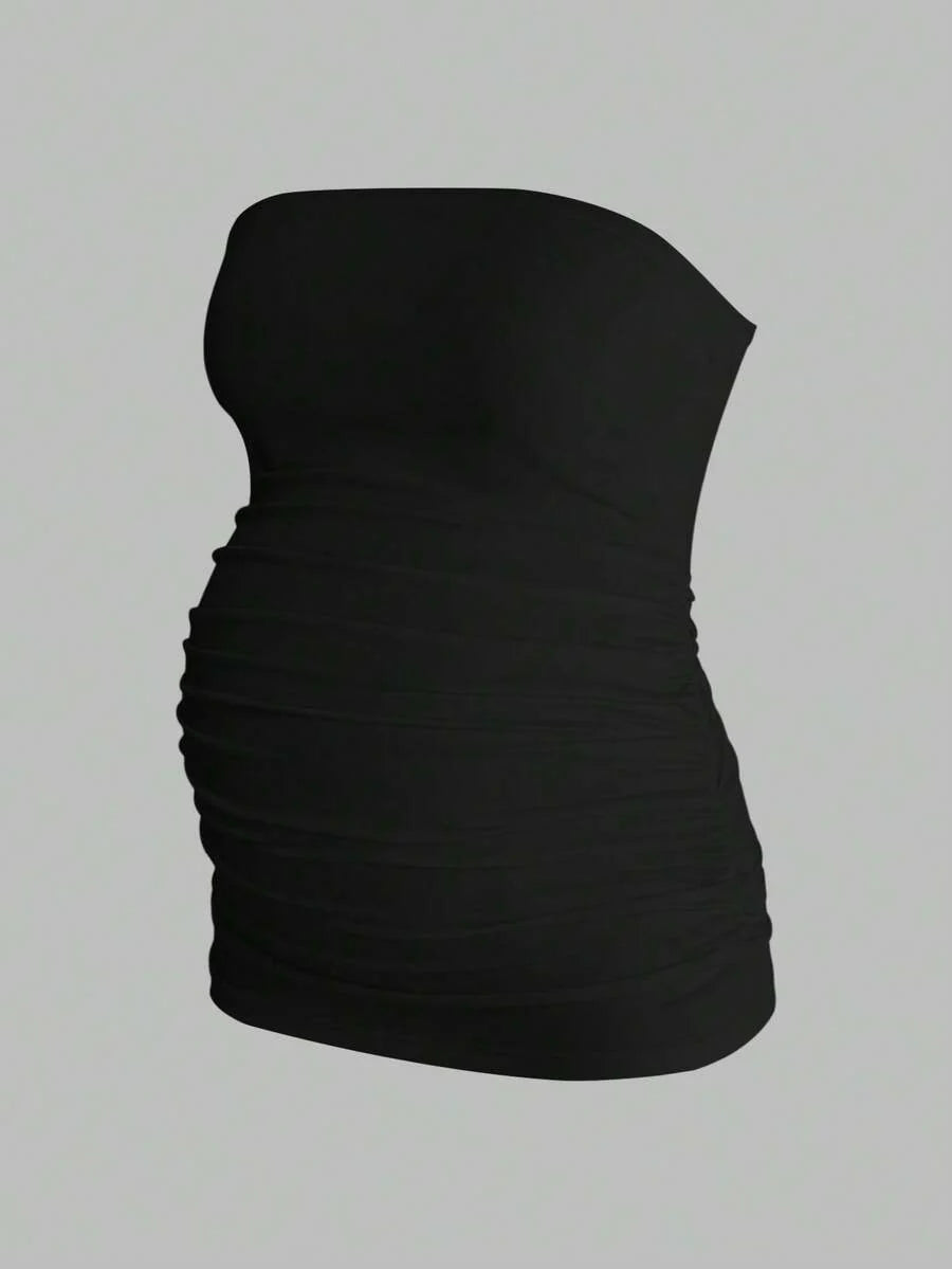 Maternity Strapless Tube Top - Black & White Pleated Casual Daily Wear