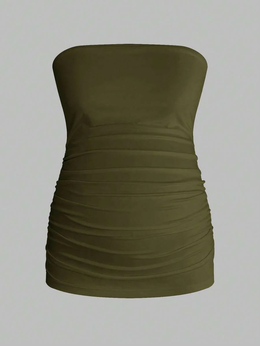 Maternity Strapless Tube Top Set - Ruched, Slim Fit, Beach Casual, Black, 2-Piece