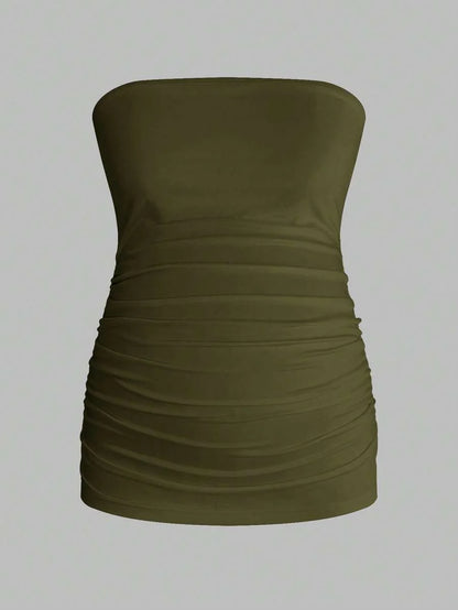 Maternity Strapless Tube Top Set - Ruched, Slim Fit, Beach Casual, Black, 2-Piece