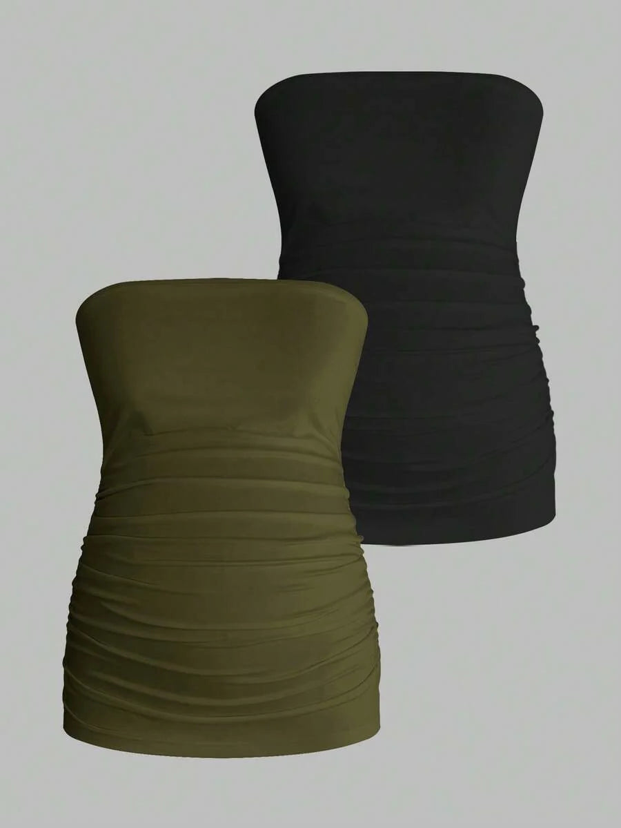 Maternity Strapless Tube Top Set - Ruched, Slim Fit, Beach Casual, Black, 2-Piece
