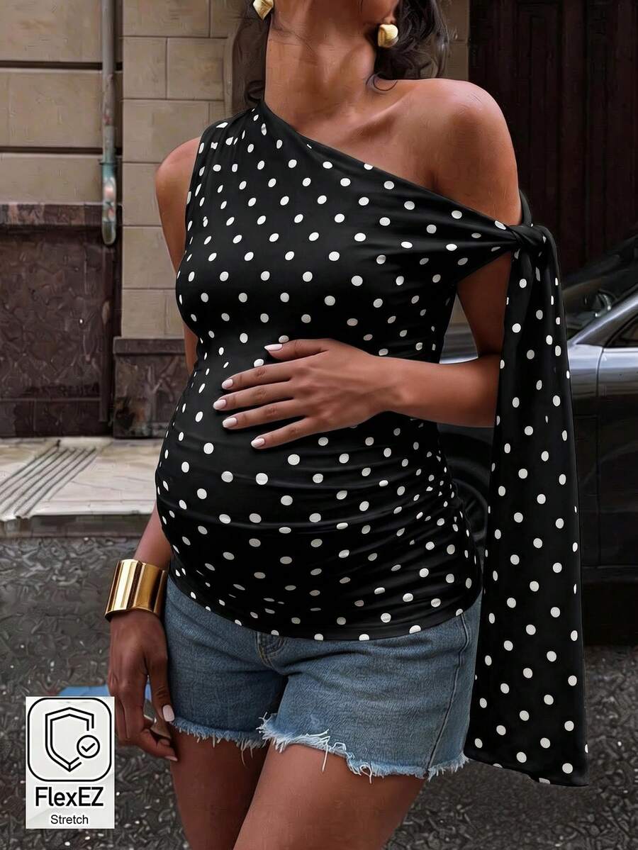 Polka Dot Maternity Twist Front Asymmetric Neck T-Shirt - Sleeveless Lace Up Split Sleeve Stylish Holiday Top