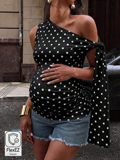 Polka Dot Maternity Twist Front Asymmetric Neck T-Shirt - Sleeveless Lace Up Split Sleeve Stylish Holiday Top