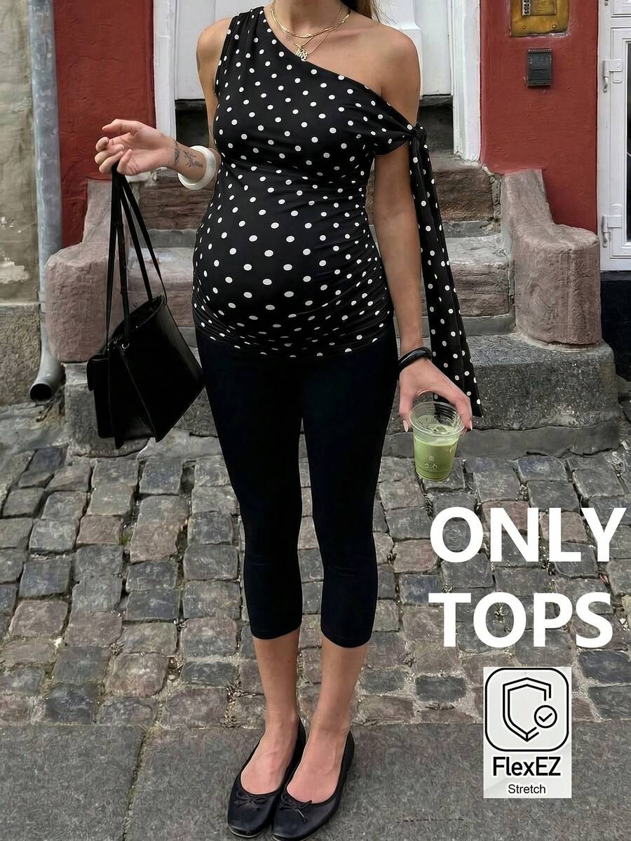 Polka Dot Maternity Twist Front Asymmetric Neck T-Shirt - Sleeveless Lace Up Split Sleeve Stylish Holiday Top