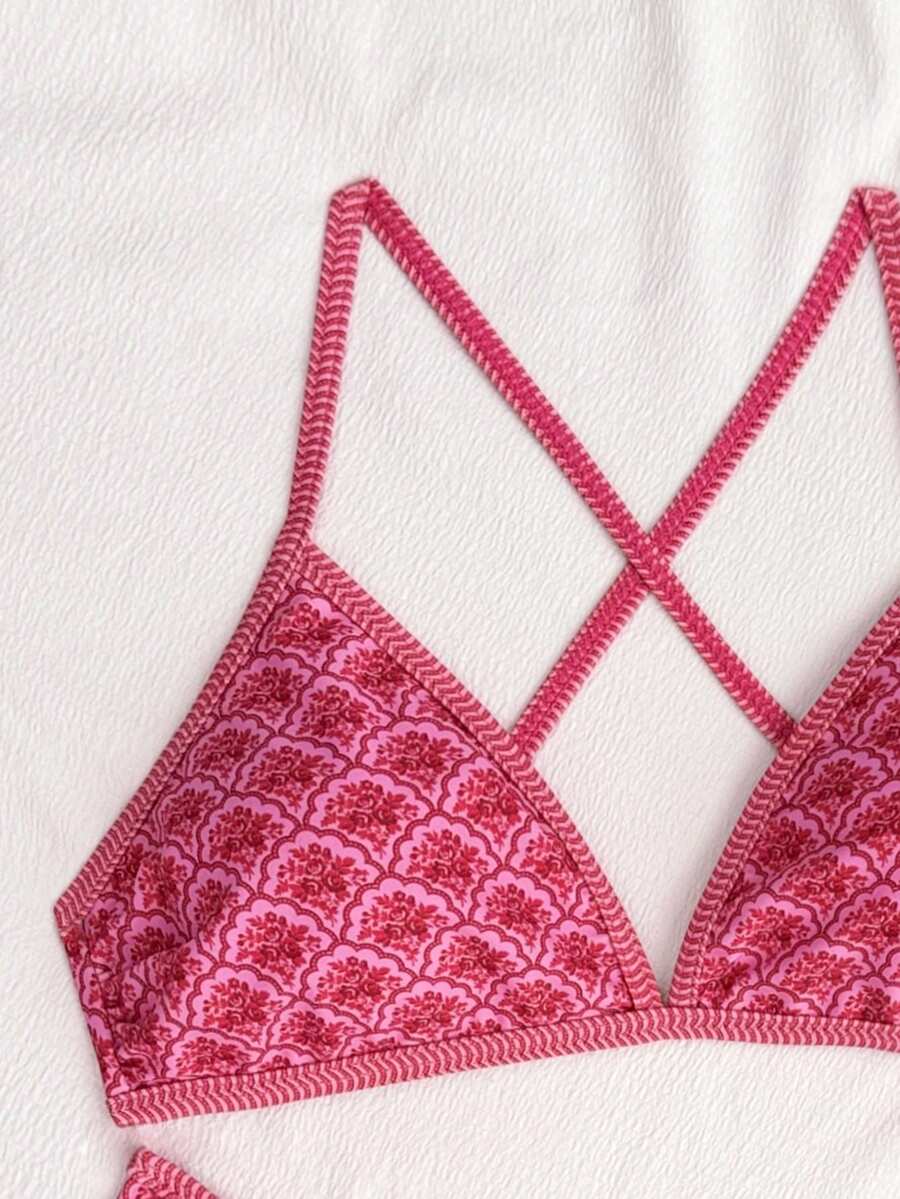 Women's Sporty Triangle Bikini Set - Contrasting Trim, Criss Cross, Spaghetti Strap, Navy Blue