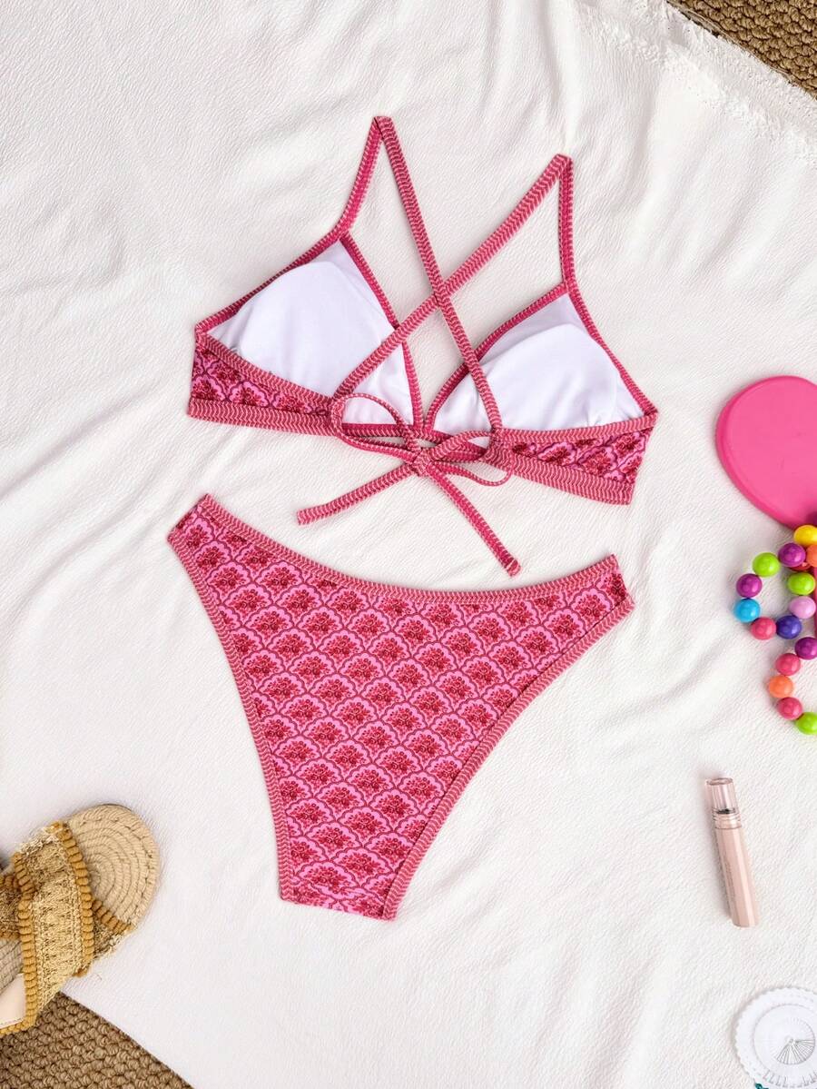Women's Sporty Triangle Bikini Set - Contrasting Trim, Criss Cross, Spaghetti Strap, Navy Blue