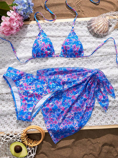 Women's 3-Piece Solid Halter Bikini Set - Knot Detail, Skirt Cover-Up, Triangle Cup, Red