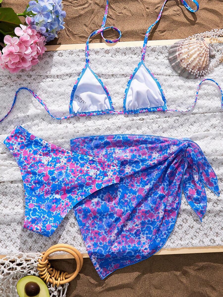 Women's 3-Piece Solid Halter Bikini Set - Knot Detail, Skirt Cover-Up, Triangle Cup, Red