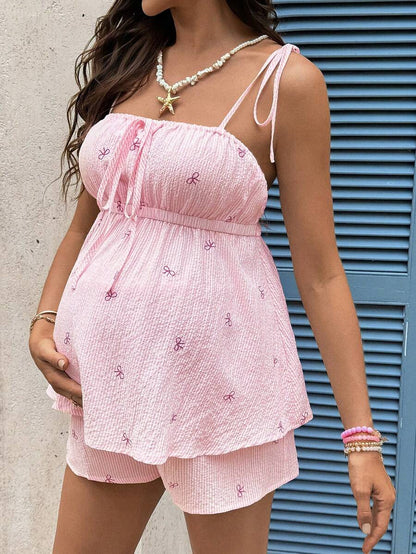 Pink Butterfly Print Maternity & Nursing 2-Piece Set – Knot Shoulder Camisole and High Waist Shorts Boho Summer Vacation Lounge Set
