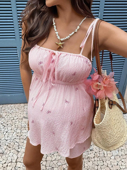 Pink Butterfly Print Maternity & Nursing 2-Piece Set – Knot Shoulder Camisole and High Waist Shorts Boho Summer Vacation Lounge Set
